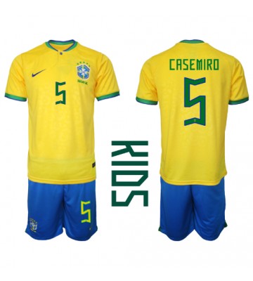 Brazil Casemiro #5 Replica Home Stadium Kit for Kids World Cup 2022 Short Sleeve (+ pants)